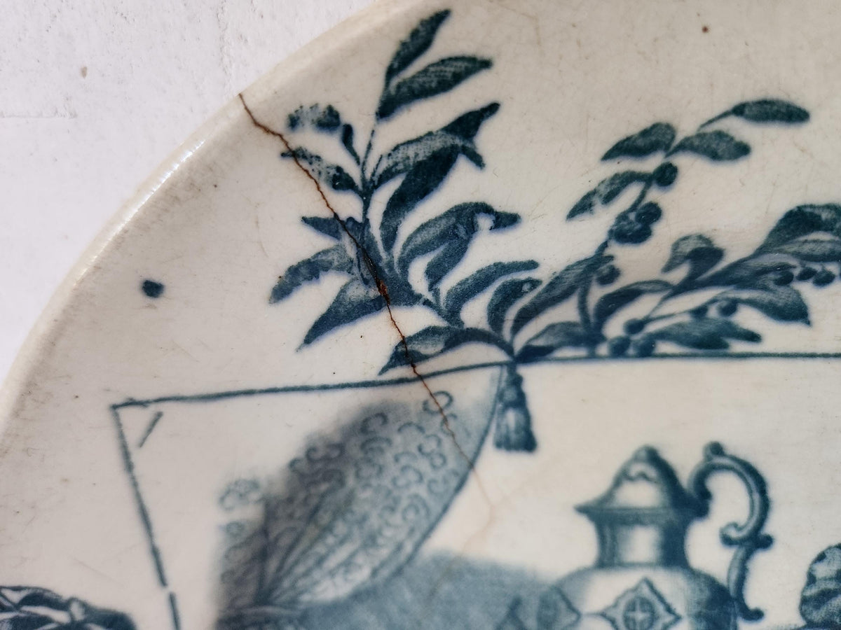 Antique French Ironstone Plate Ernest Cognacq Samaritaine Paris Blue Transferware TEA STAINED