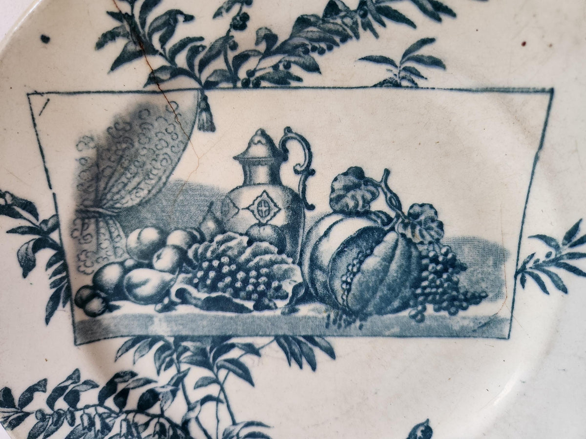 Antique French Ironstone Plate Ernest Cognacq Samaritaine Paris Blue Transferware TEA STAINED