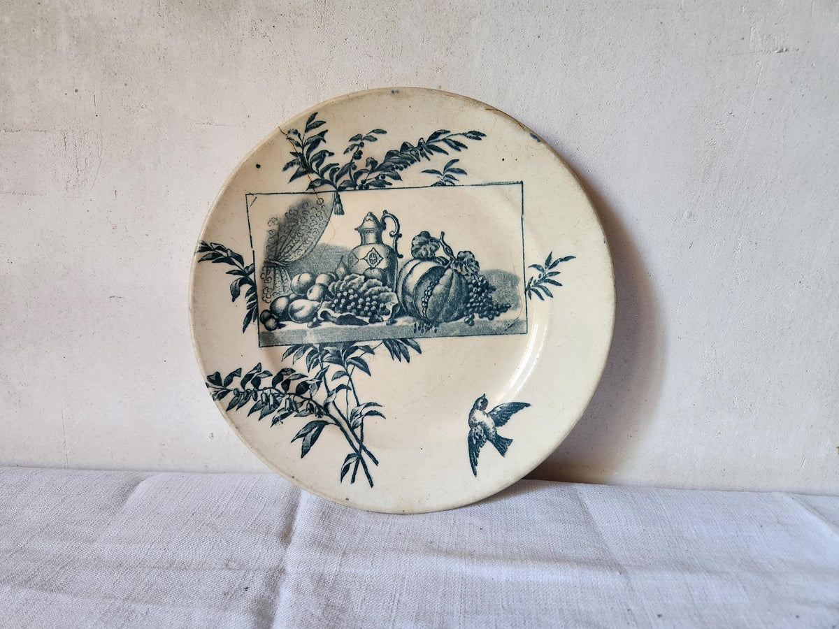 Antique French Ironstone Plate Ernest Cognacq Samaritaine Paris Blue Transferware TEA STAINED