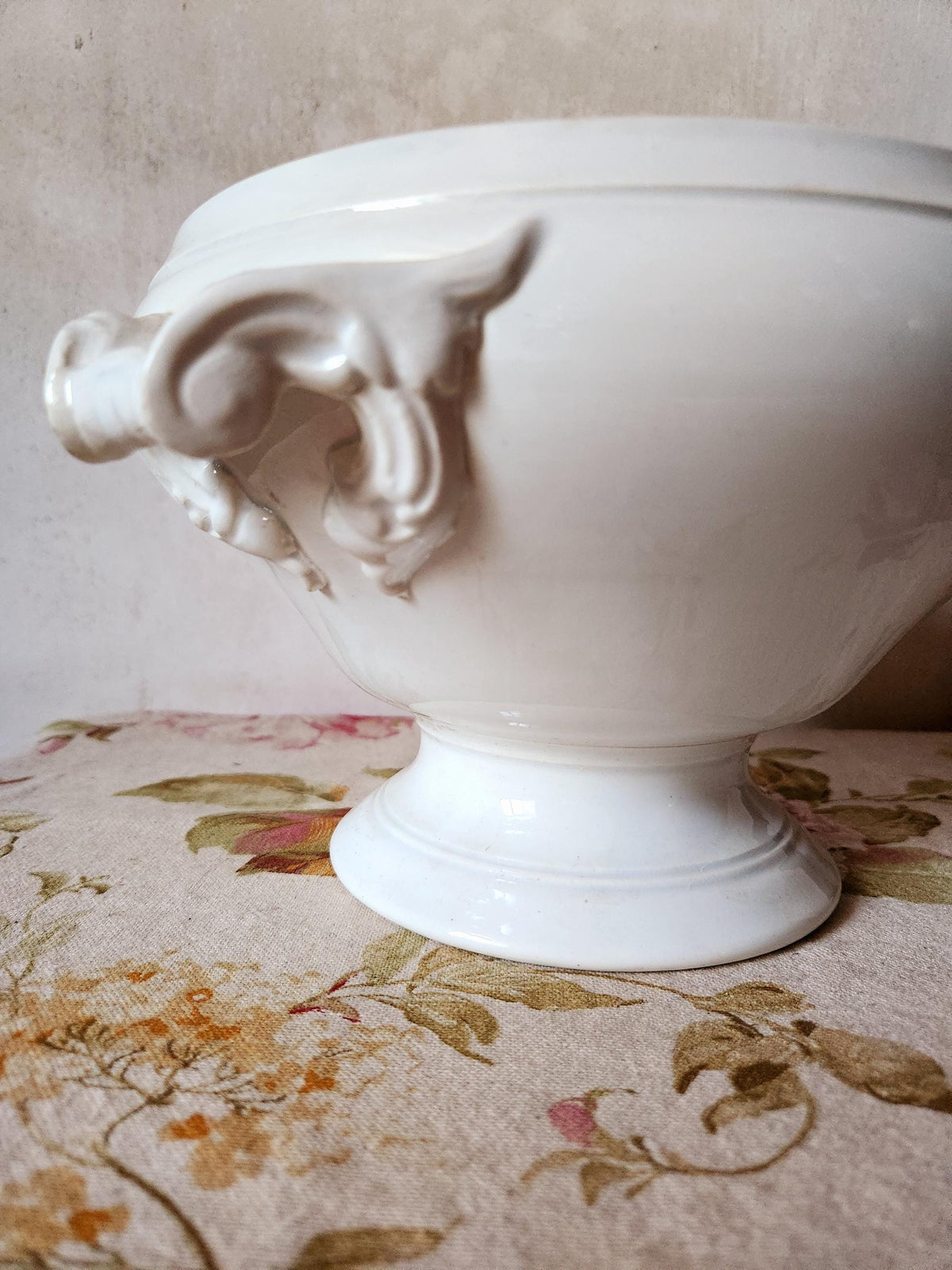 May include: A white ceramic soup tureen with a pedestal base and ornate handles. The tureen has a rounded body and a lid, ideal for serving soups or stews. The handles feature a decorative, scroll-like design.