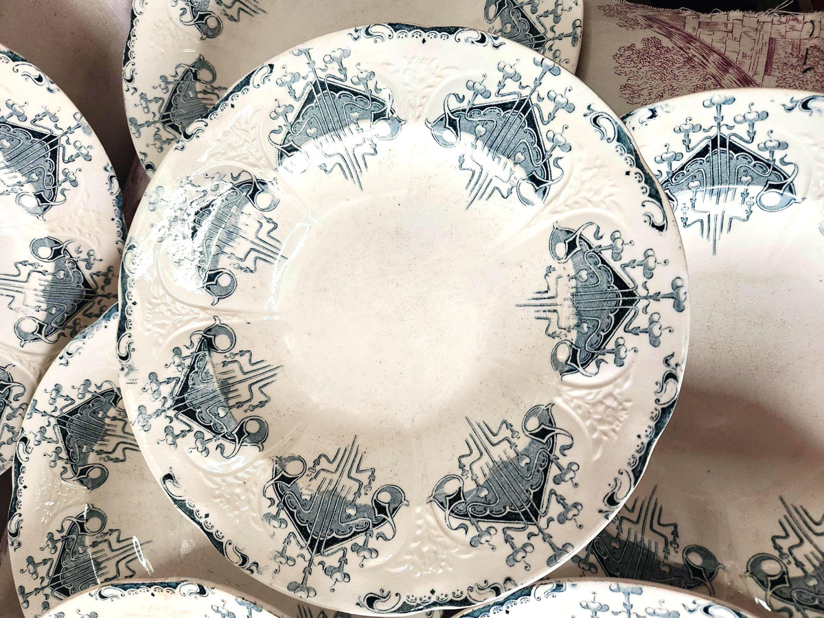 Antique French Ironstone 19th Century Longwy Byzantine Hollow Plates Blue Transferware