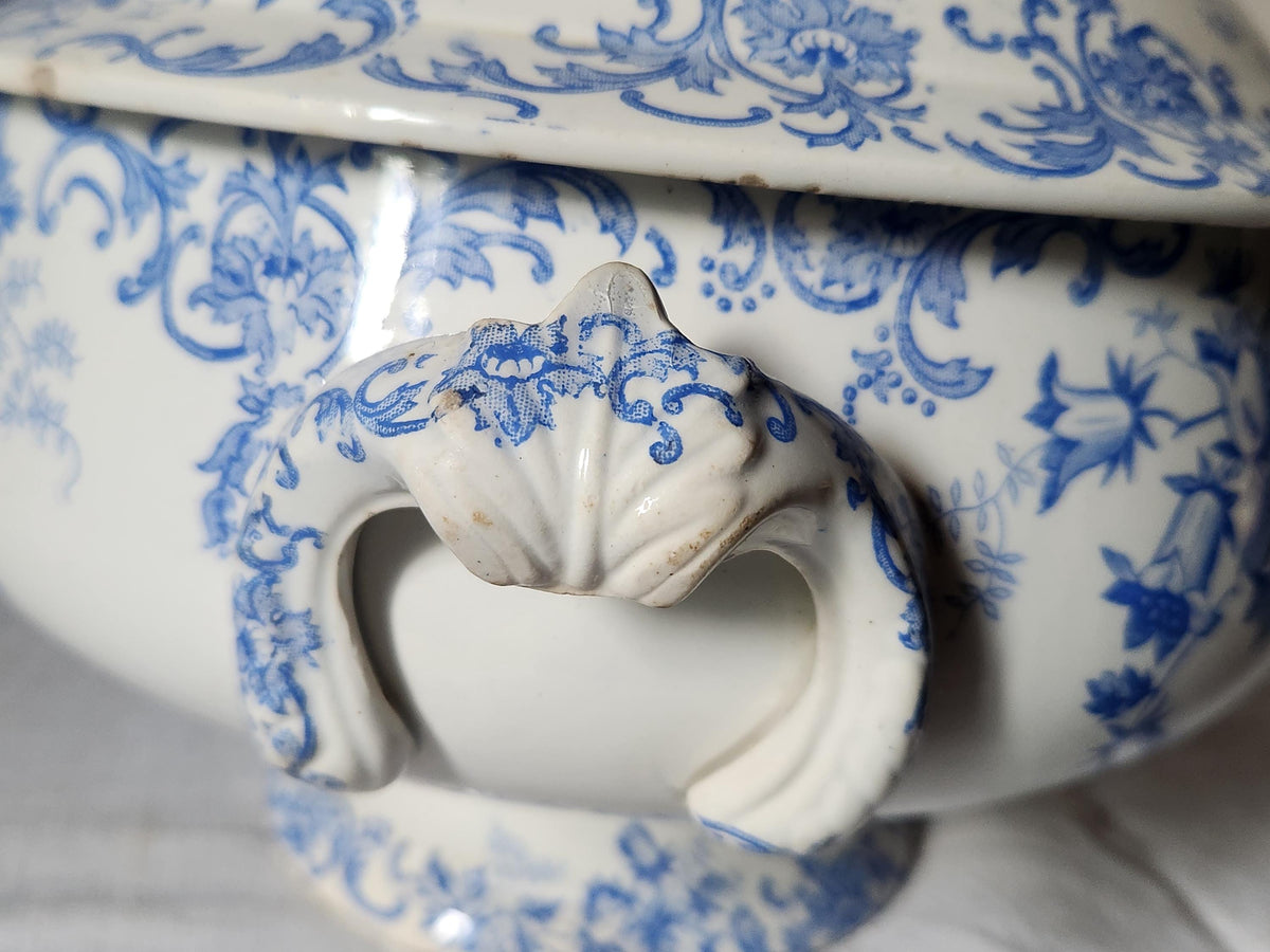 Antique French Saint Amand et Hamage Campanule Ironstone Soup Tureen: Blue Floral Transferware Bowl