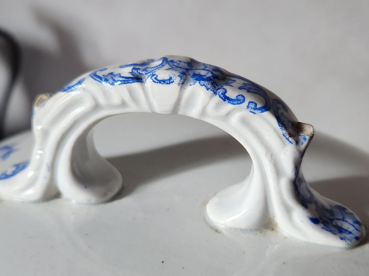 Antique French Saint Amand et Hamage Campanule Ironstone Soup Tureen: Blue Floral Transferware Bowl