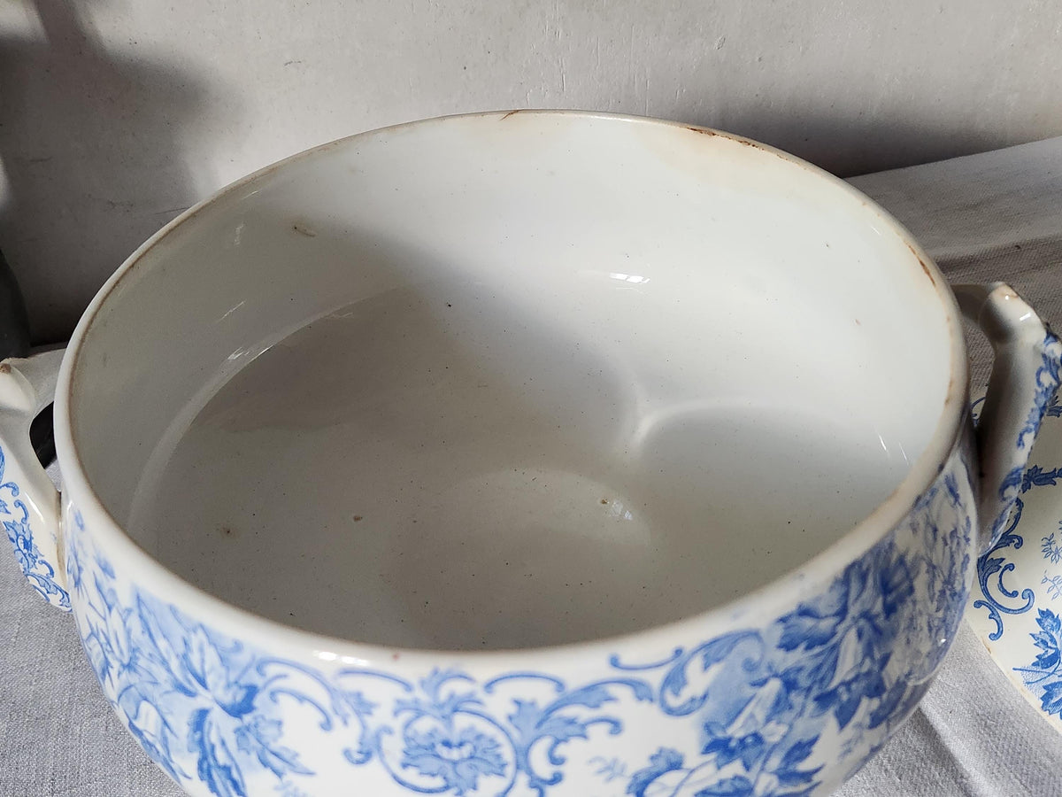 Antique French Saint Amand et Hamage Campanule Ironstone Soup Tureen: Blue Floral Transferware Bowl