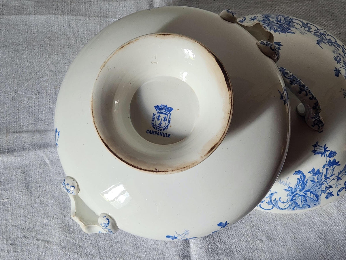 Antique French Saint Amand et Hamage Campanule Ironstone Soup Tureen: Blue Floral Transferware Bowl