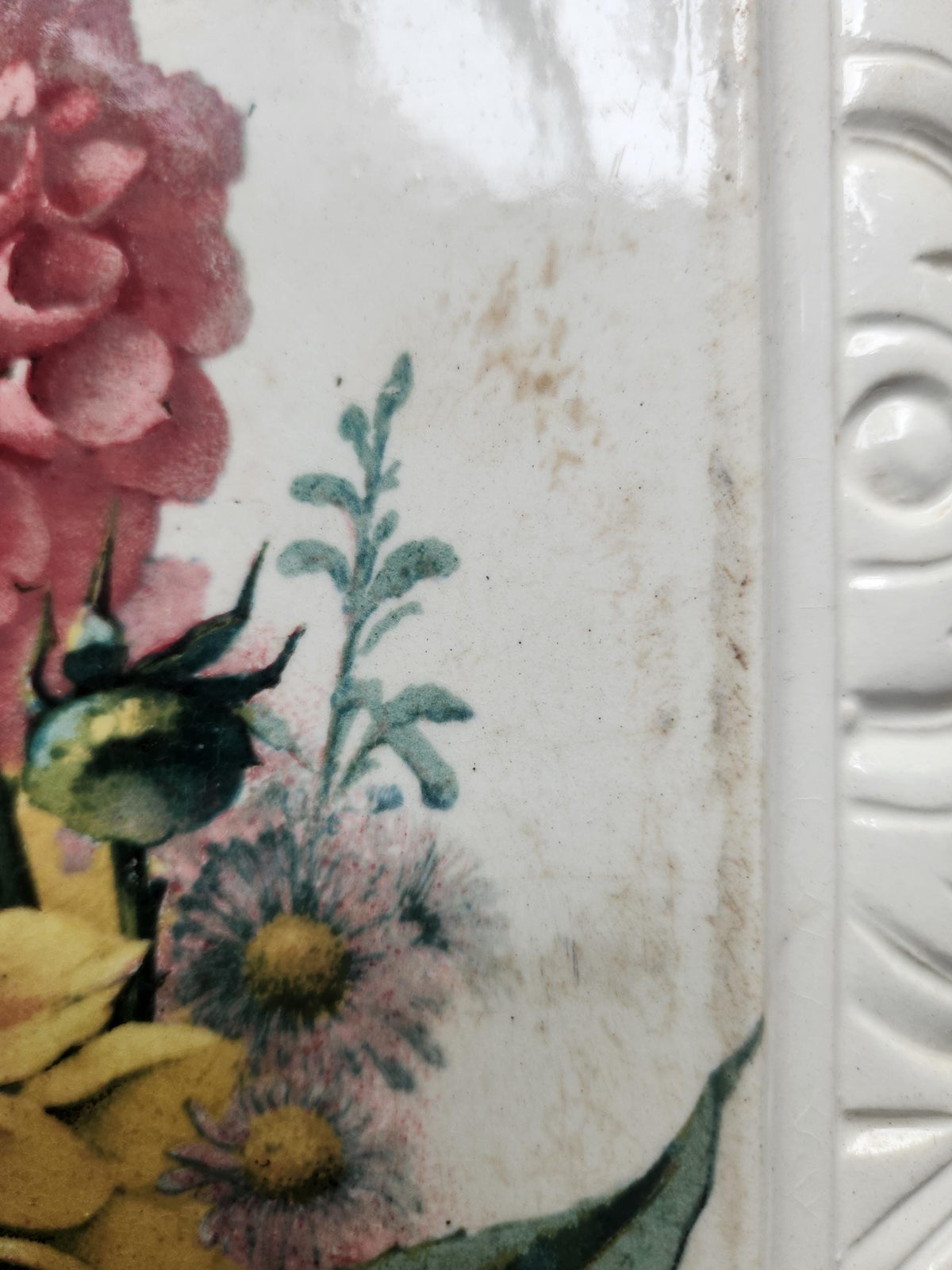 Antique French Choisy Le Roi Large Ironstone Table Trivet with Floral Transferware