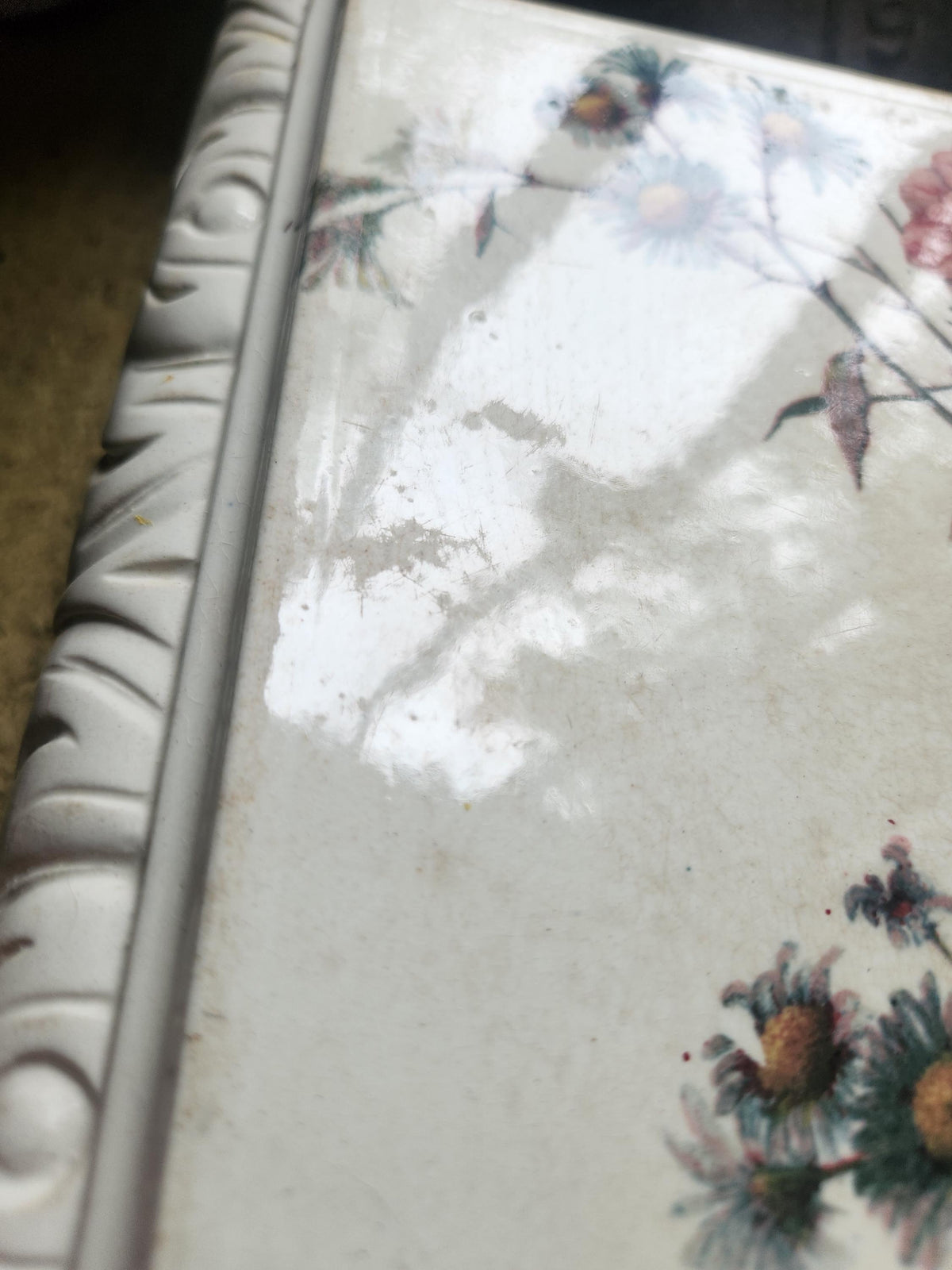 Antique French Choisy Le Roi Large Ironstone Table Trivet with Floral Transferware