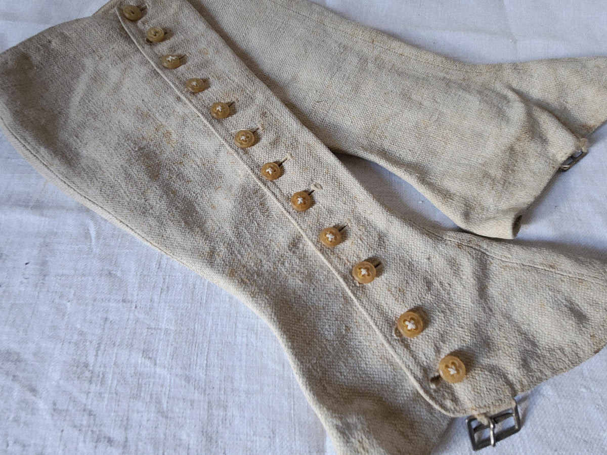 Antique Oatmeal Canvas Cotton High Gaiters Boot Covers 12 Buttons