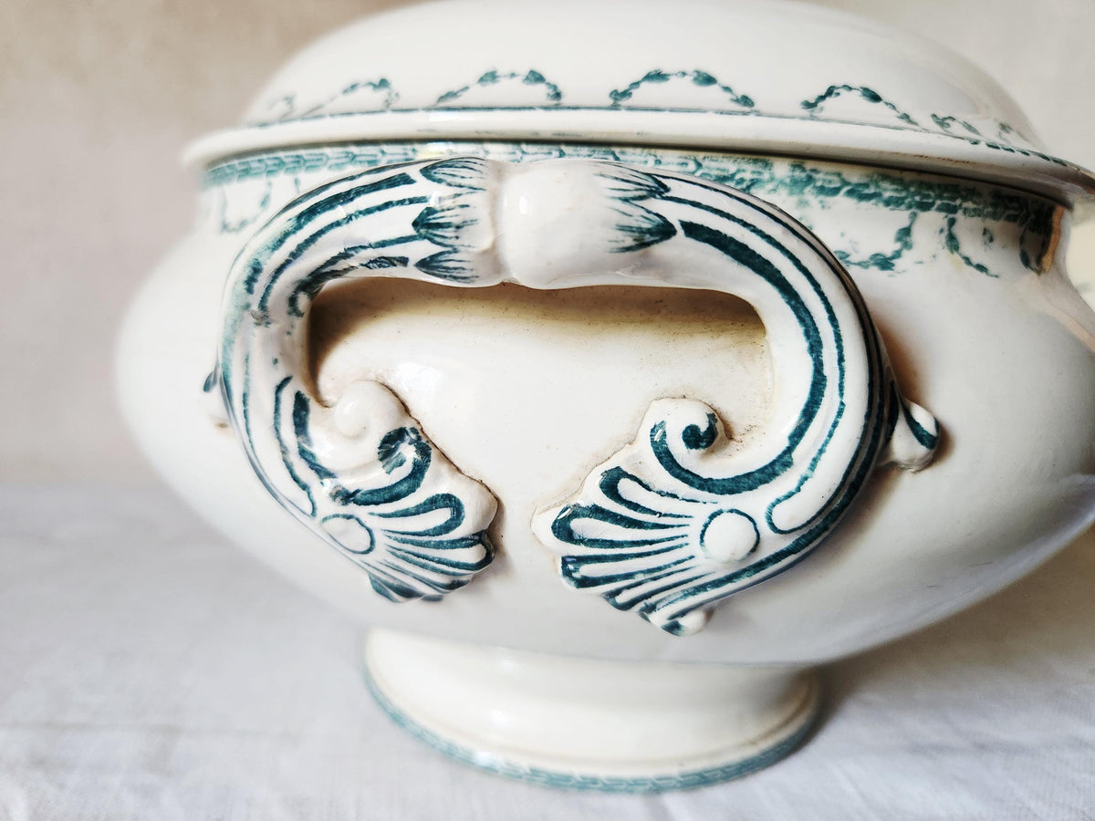 Antique French 1880s Ironstone Soup Tureen Sarregeumines FAUST: Forest Green Floral Bowl
