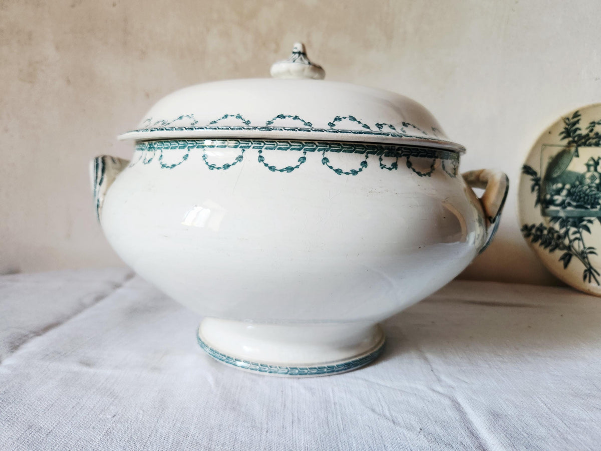 Antique French 1880s Ironstone Soup Tureen Sarregeumines FAUST: Forest Green Floral Bowl