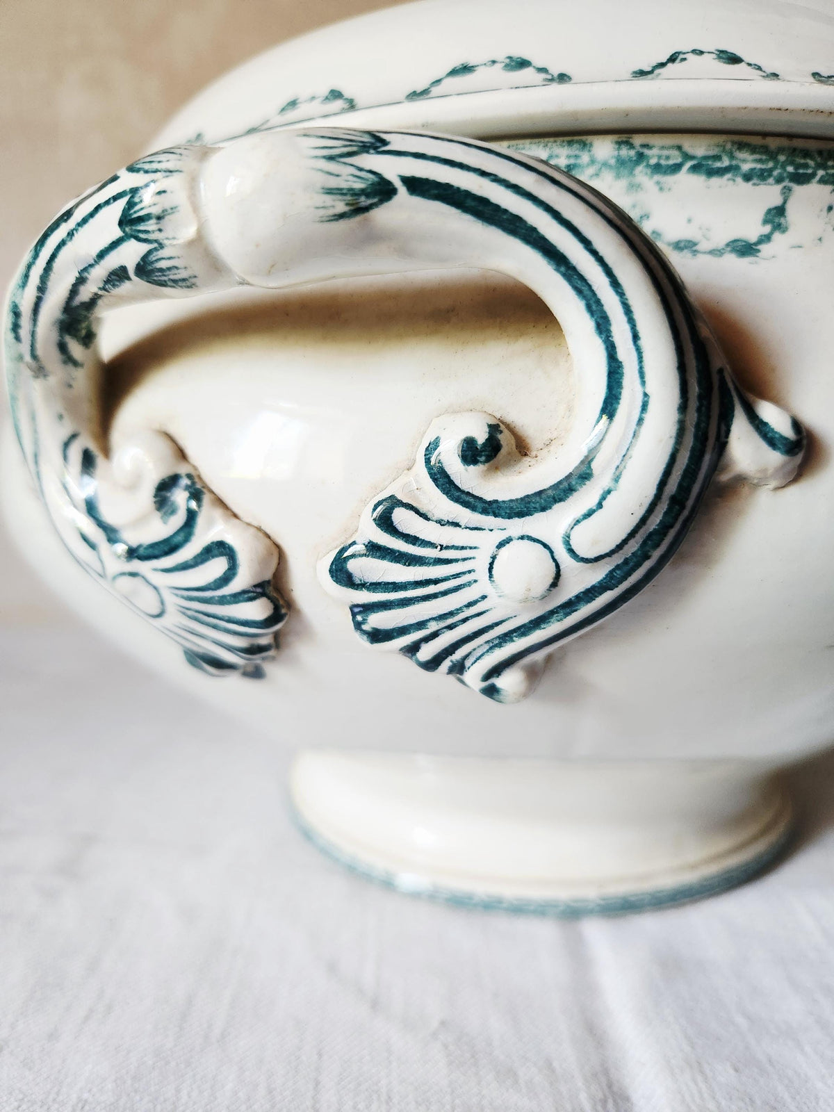Antique French 1880s Ironstone Soup Tureen Sarregeumines FAUST: Forest Green Floral Bowl