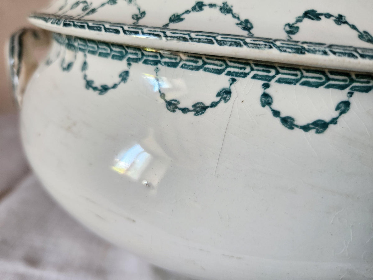 Antique French 1880s Ironstone Soup Tureen Sarregeumines FAUST: Forest Green Floral Bowl