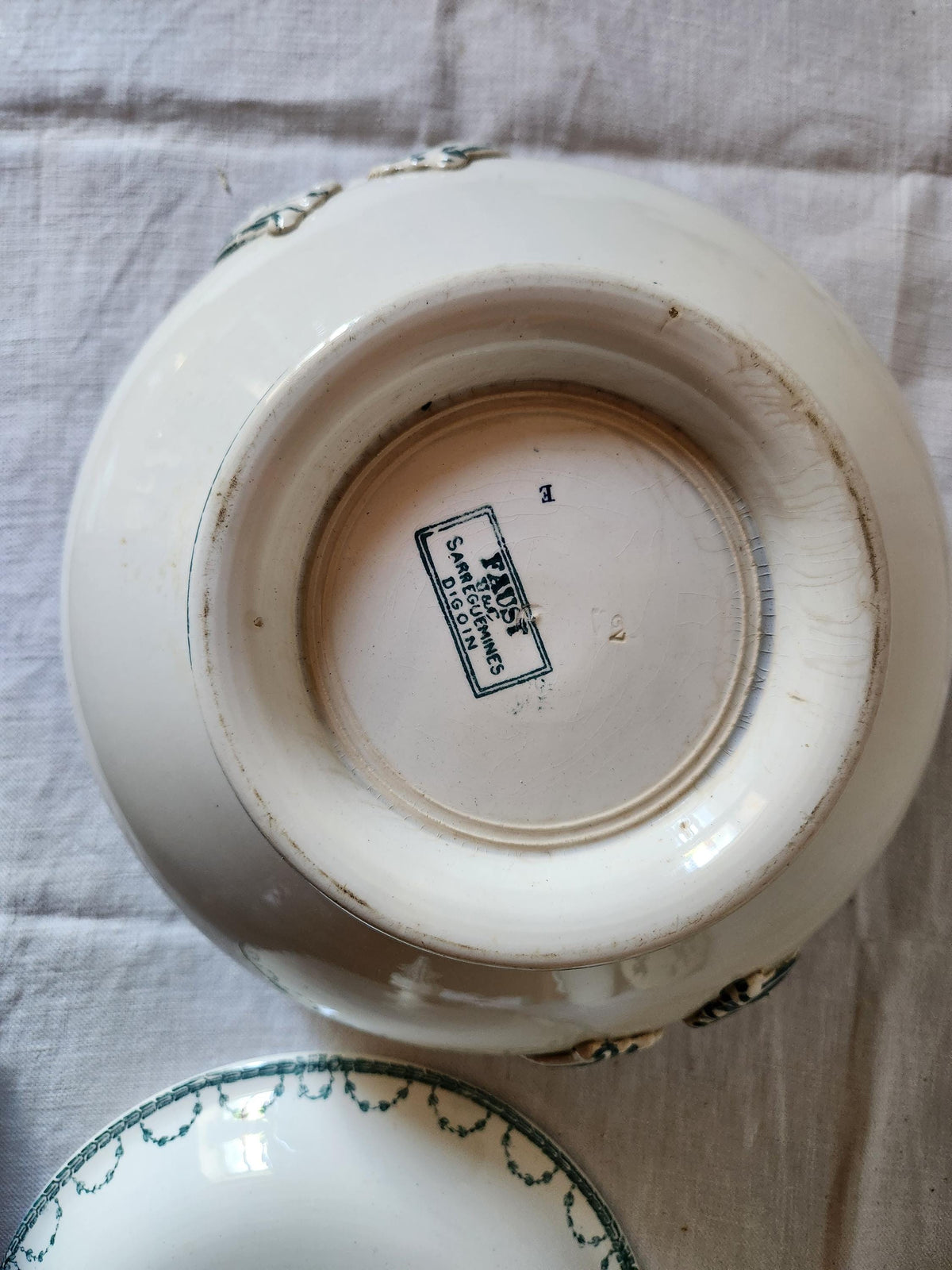Antique French 1880s Ironstone Soup Tureen Sarregeumines FAUST: Forest Green Floral Bowl