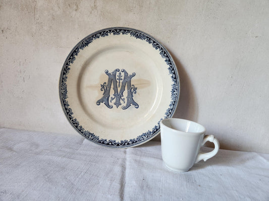 Antique French Ironstone Plate 'M' Monogramme Blue Transferware TEA STAINED