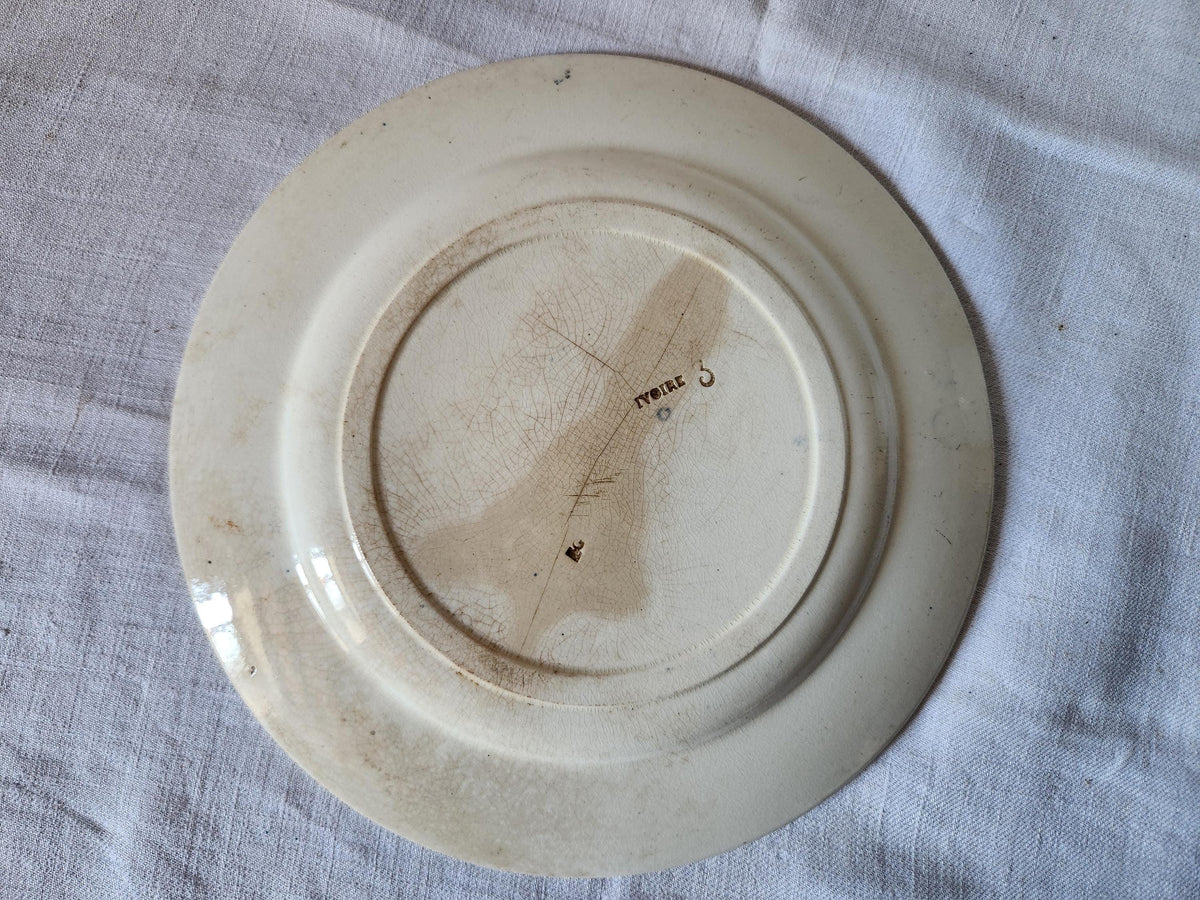 Antique French Ironstone Plate 'M' Monogramme Blue Transferware TEA STAINED