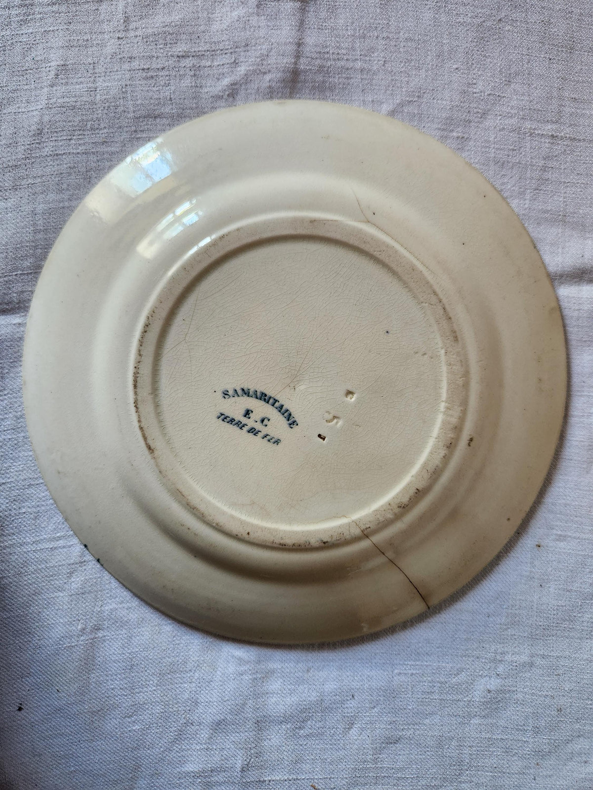 Antique French Ironstone Plate Ernest Cognacq Samaritaine Paris Blue Transferware TEA STAINED