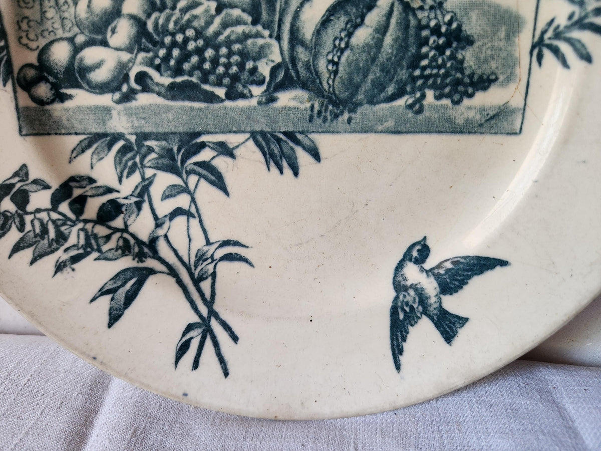 Antique French Ironstone Plate Ernest Cognacq Samaritaine Paris Blue Transferware TEA STAINED