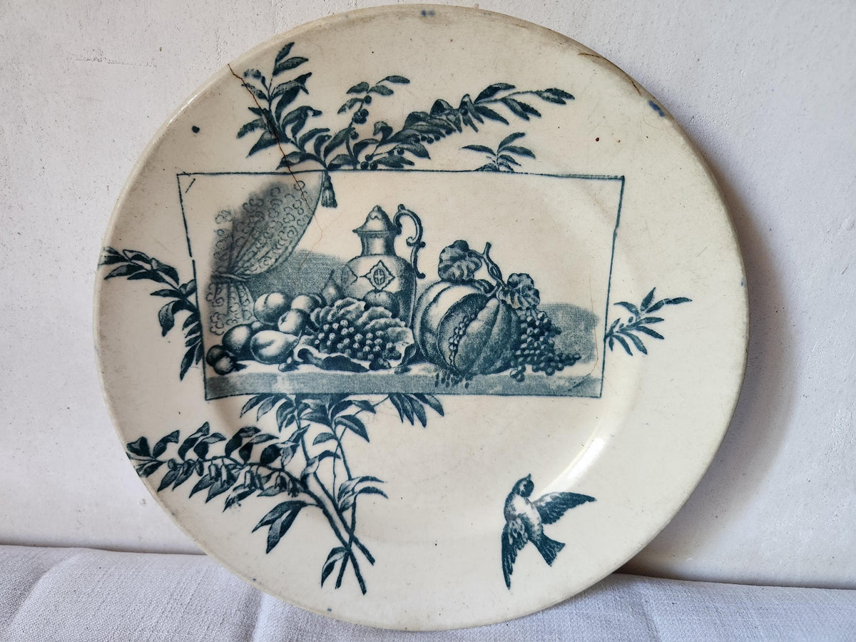 Antique French Ironstone Plate Ernest Cognacq Samaritaine Paris Blue Transferware TEA STAINED