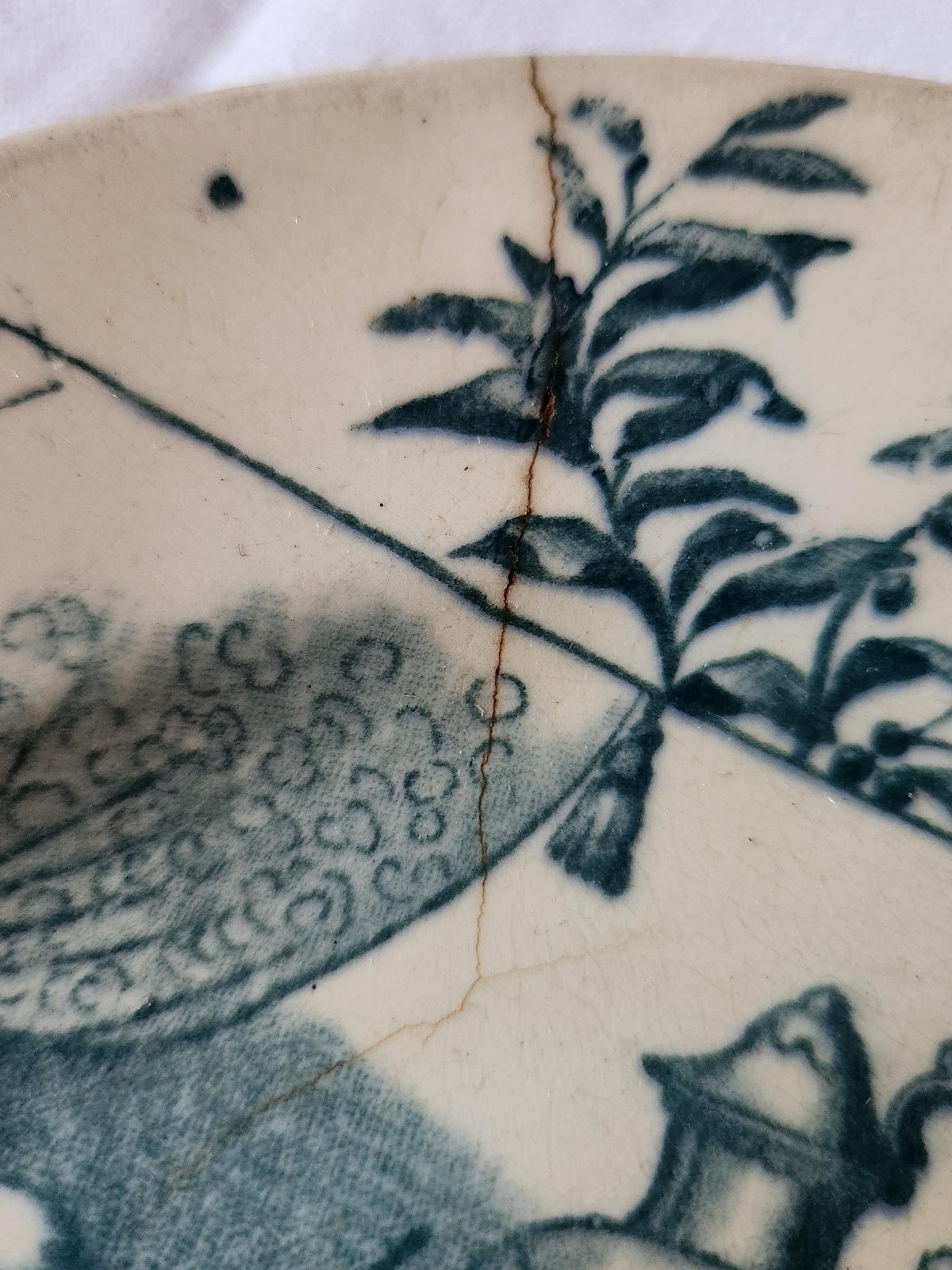 Antique French Ironstone Plate Ernest Cognacq Samaritaine Paris Blue Transferware TEA STAINED