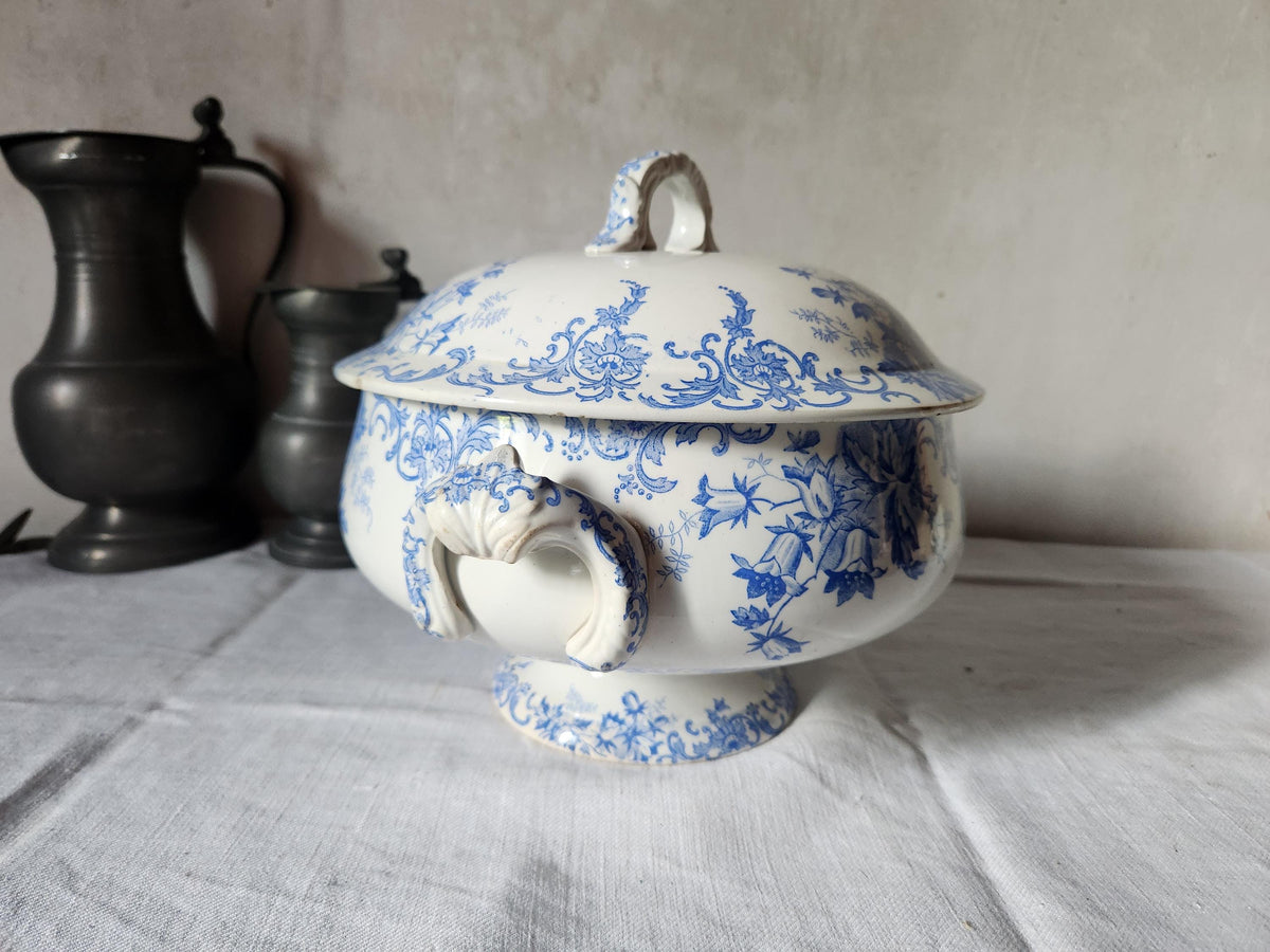 Antique French Saint Amand et Hamage Campanule Ironstone Soup Tureen: Blue Floral Transferware Bowl