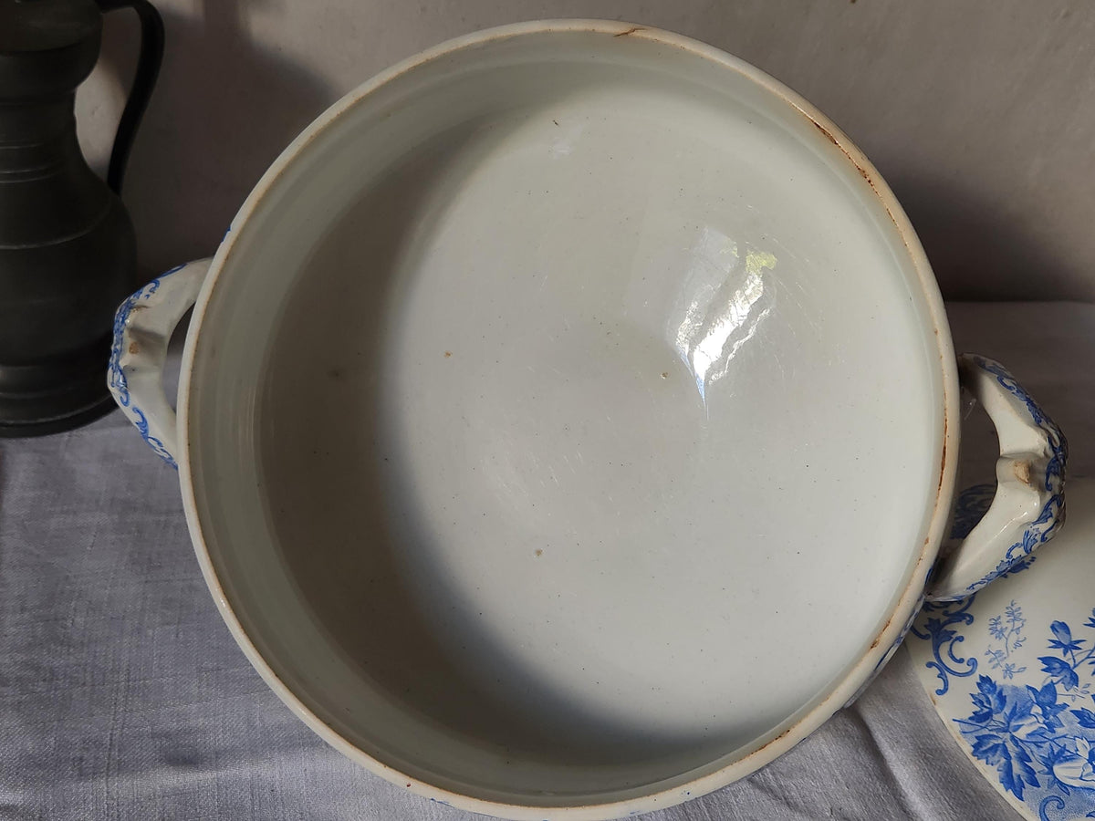 Antique French Saint Amand et Hamage Campanule Ironstone Soup Tureen: Blue Floral Transferware Bowl
