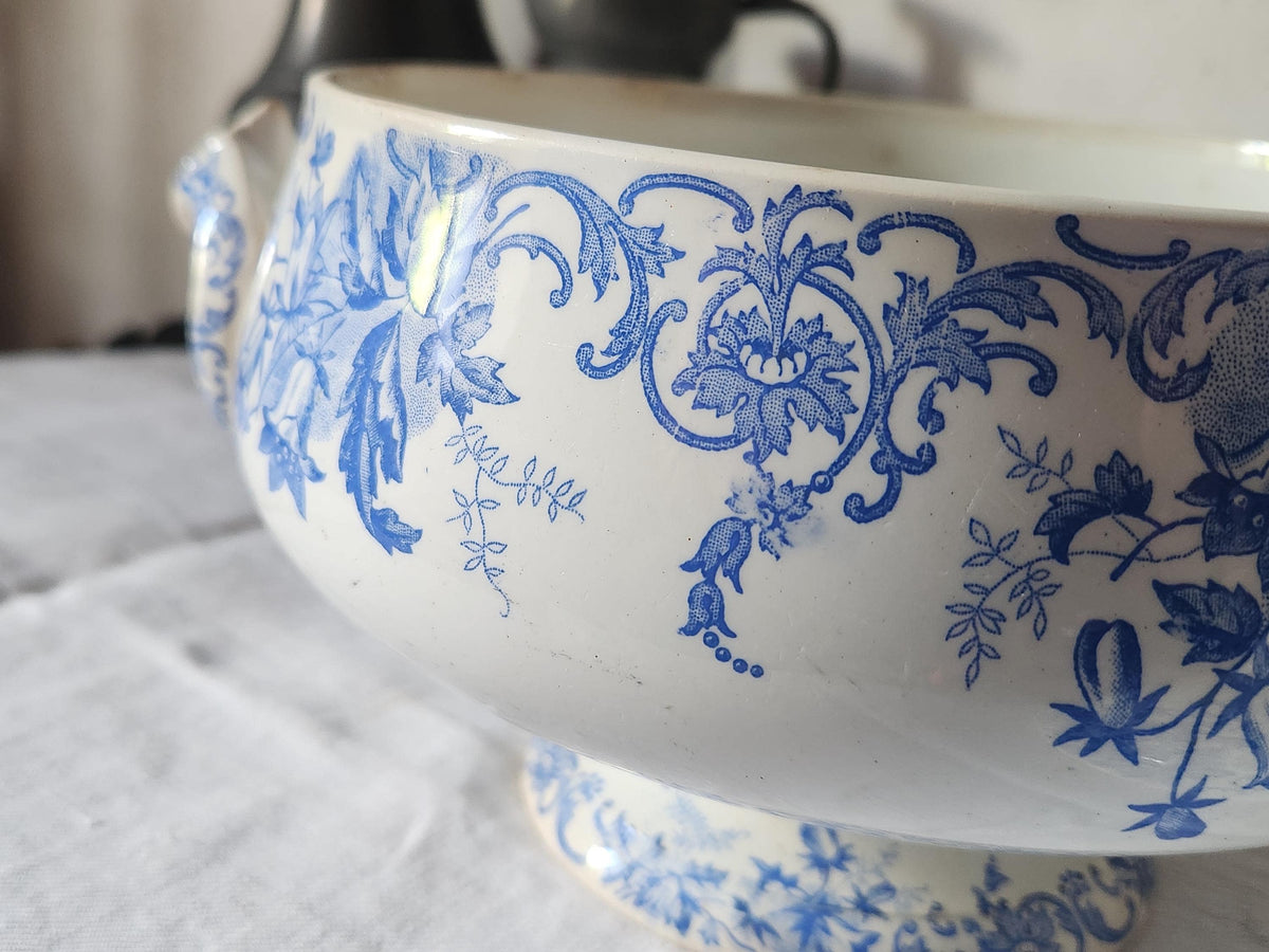 Antique French Saint Amand et Hamage Campanule Ironstone Soup Tureen: Blue Floral Transferware Bowl
