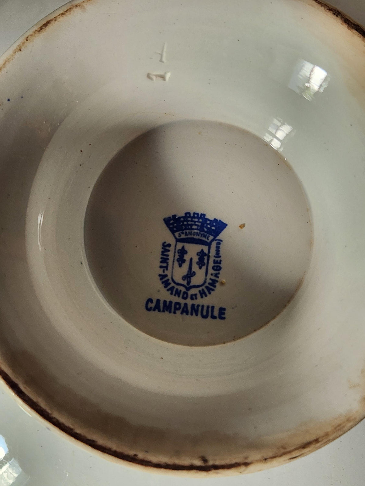 Antique French Saint Amand et Hamage Campanule Ironstone Soup Tureen: Blue Floral Transferware Bowl