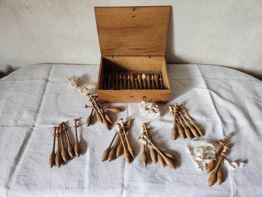 Antique French Wooden Lace Bobbin Spindles 43 in a Wood Chocolate Box