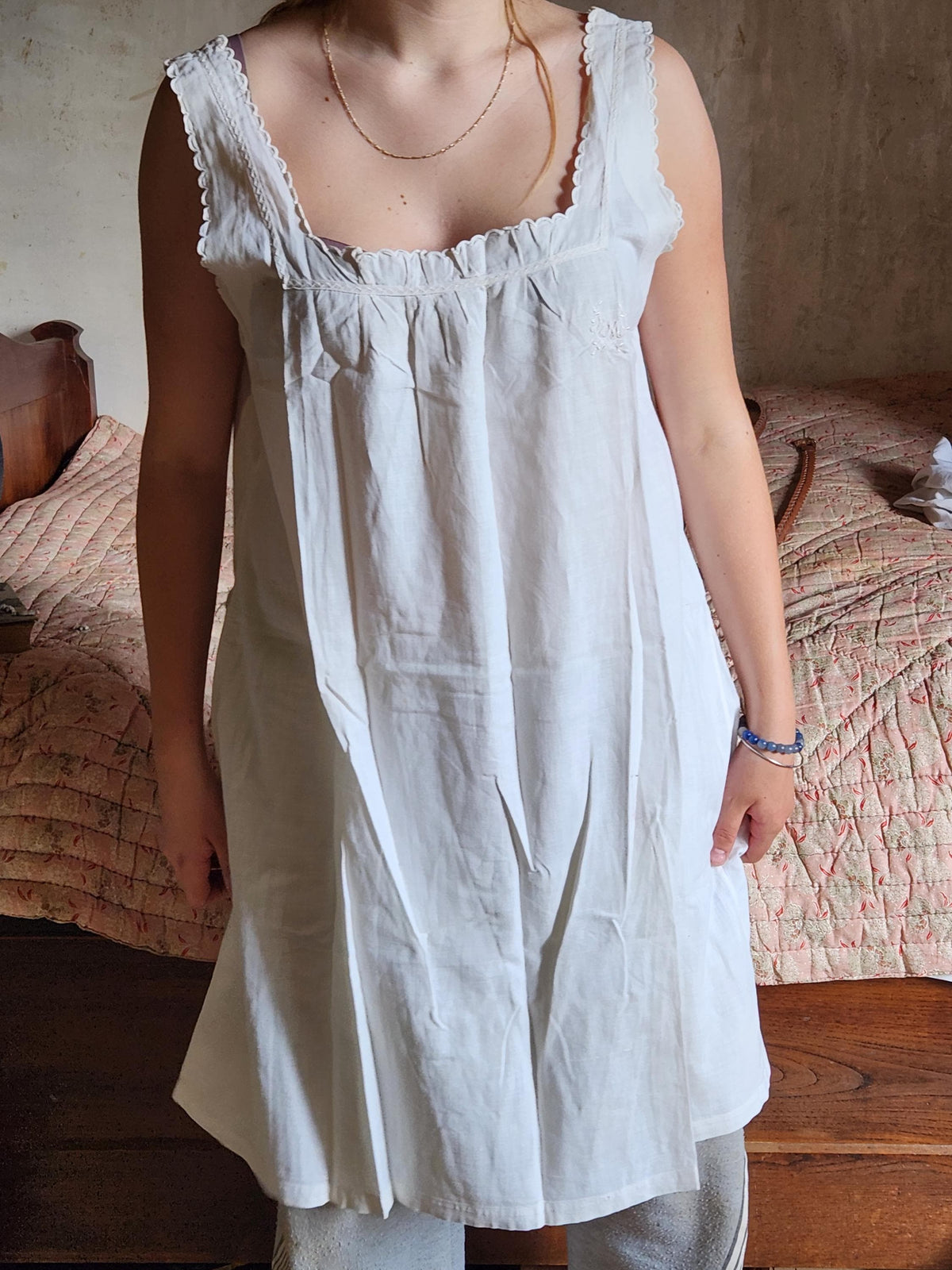 Antique French Cotton Nightgown Monogram RM: 1920s Sleeveless Summer Dress