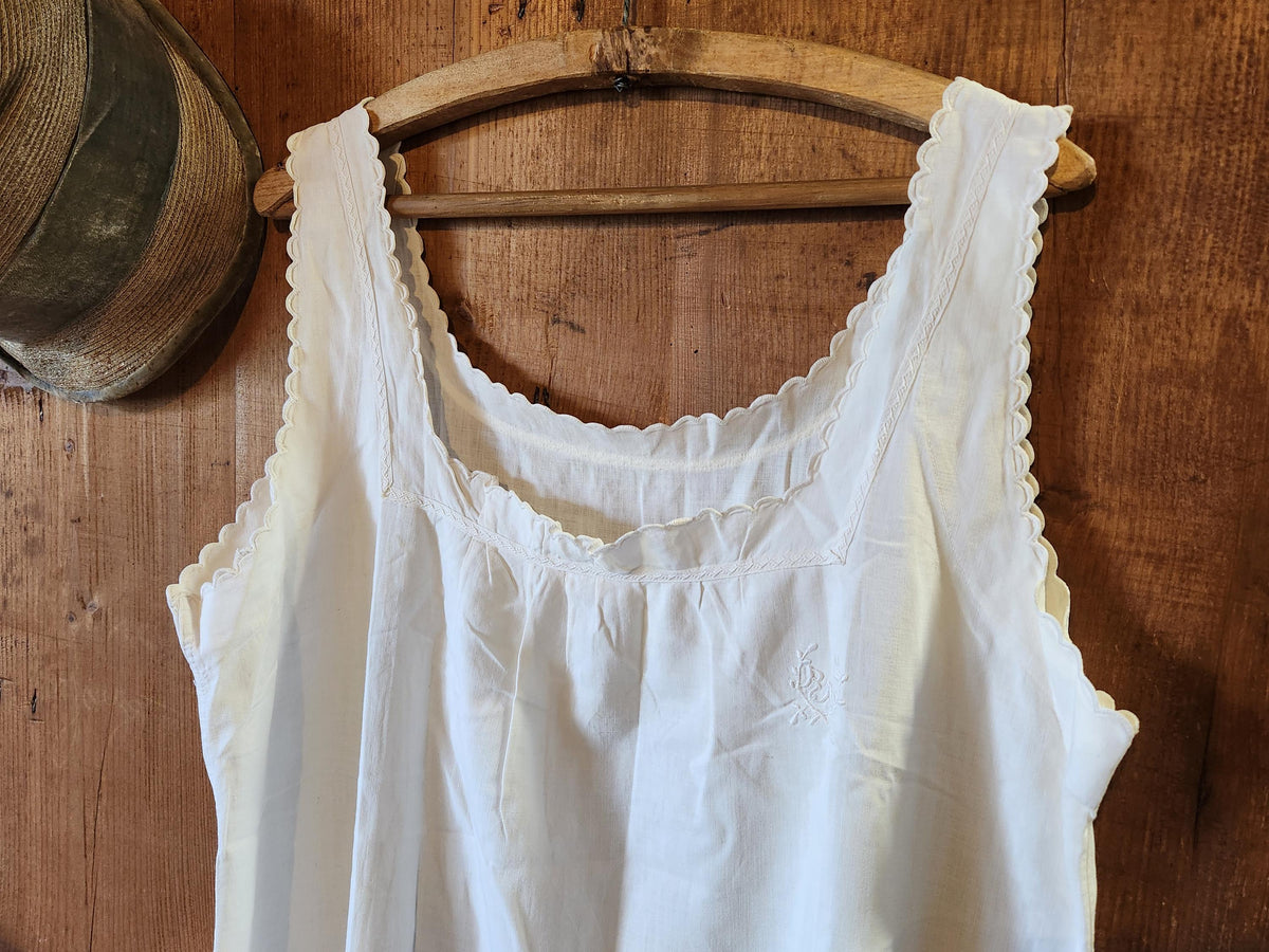 Antique French Cotton Nightgown Monogram RM: 1920s Sleeveless Summer Dress