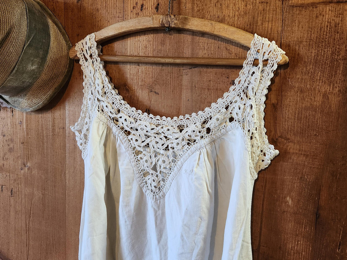 Antique French Cotton Nightgown Monogrammed LD: Sleeveless Lace Summer Dress