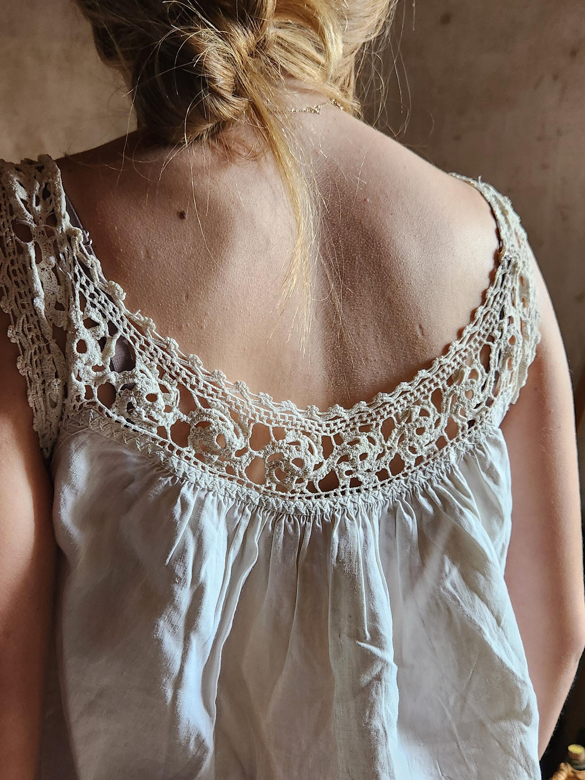 Antique French Cotton Nightgown Monogrammed LD: Sleeveless Lace Summer Dress