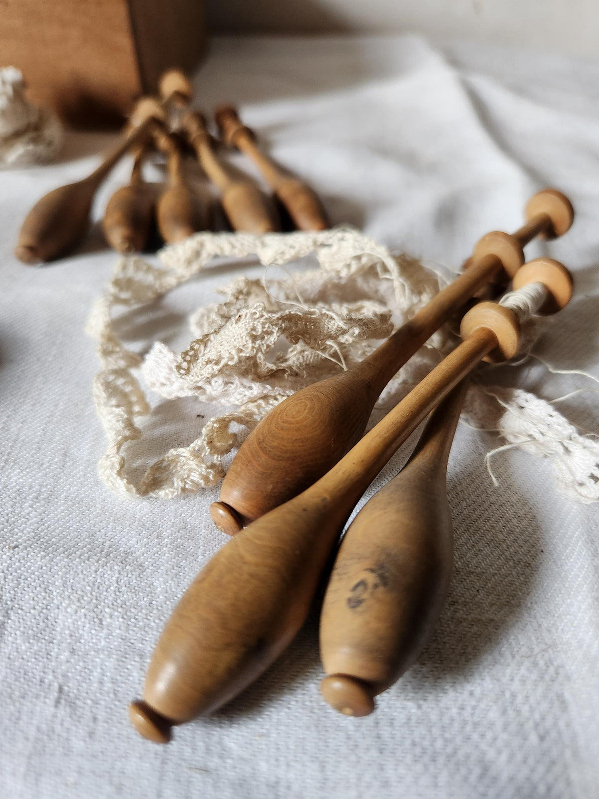 Antique French Wooden Lace Bobbin Spindles 43 in a Wood Chocolate Box