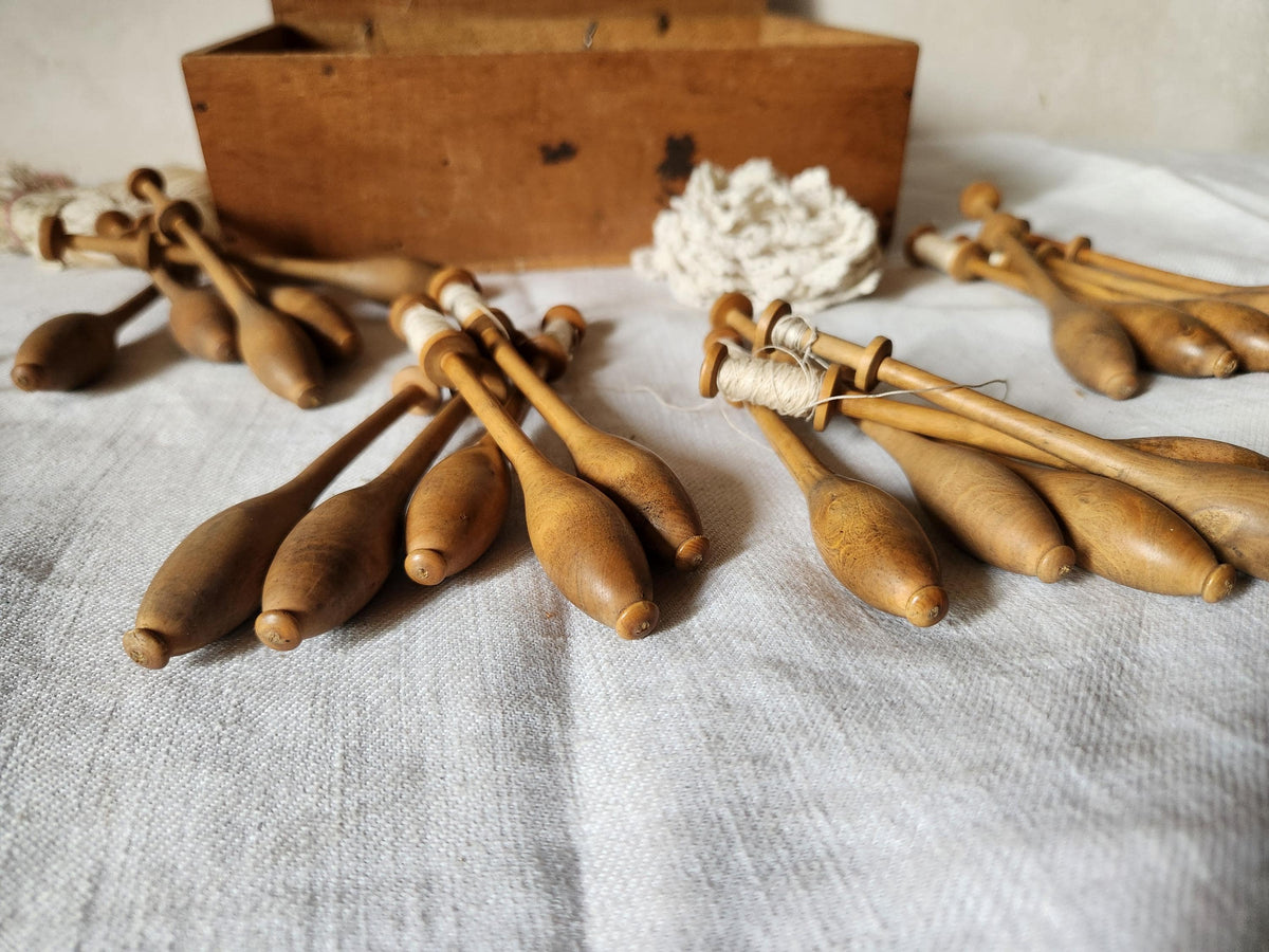 Antique French Wooden Lace Bobbin Spindles 43 in a Wood Chocolate Box