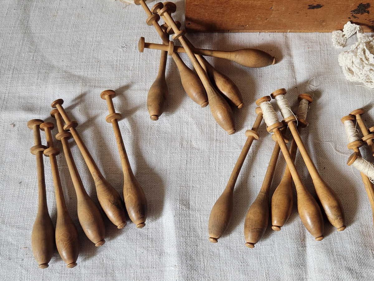 Antique French Wooden Lace Bobbin Spindles 43 in a Wood Chocolate Box