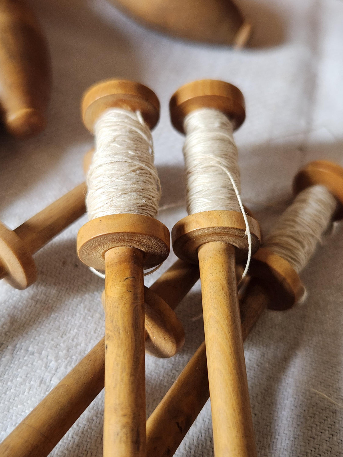 Antique French Wooden Lace Bobbin Spindles 43 in a Wood Chocolate Box