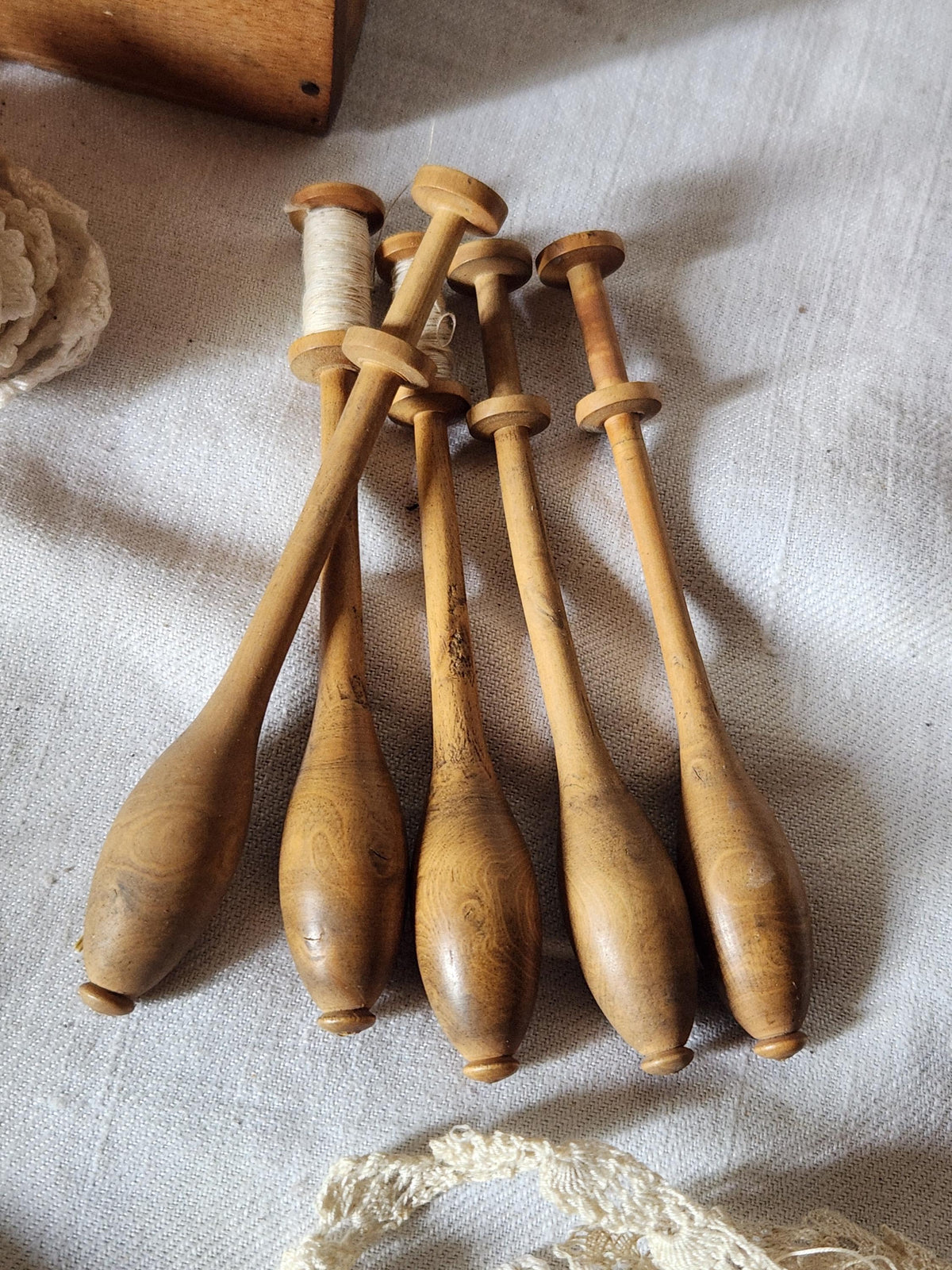 Antique French Wooden Lace Bobbin Spindles 43 in a Wood Chocolate Box