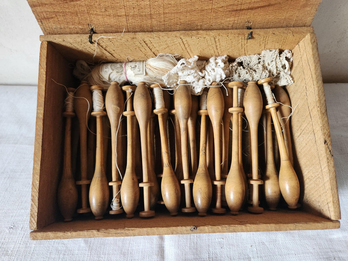 Antique French Wooden Lace Bobbin Spindles 43 in a Wood Chocolate Box