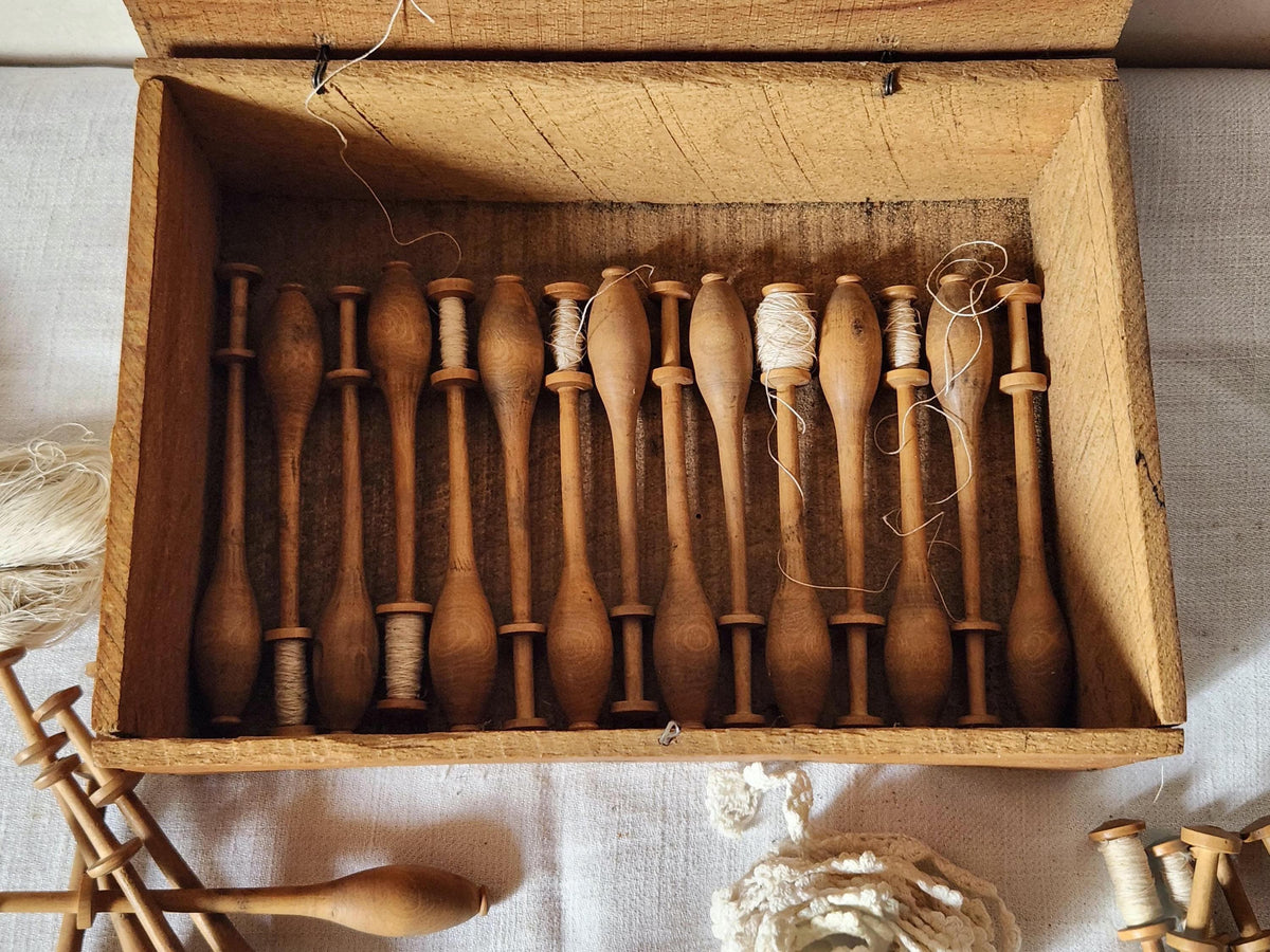 Antique French Wooden Lace Bobbin Spindles 43 in a Wood Chocolate Box