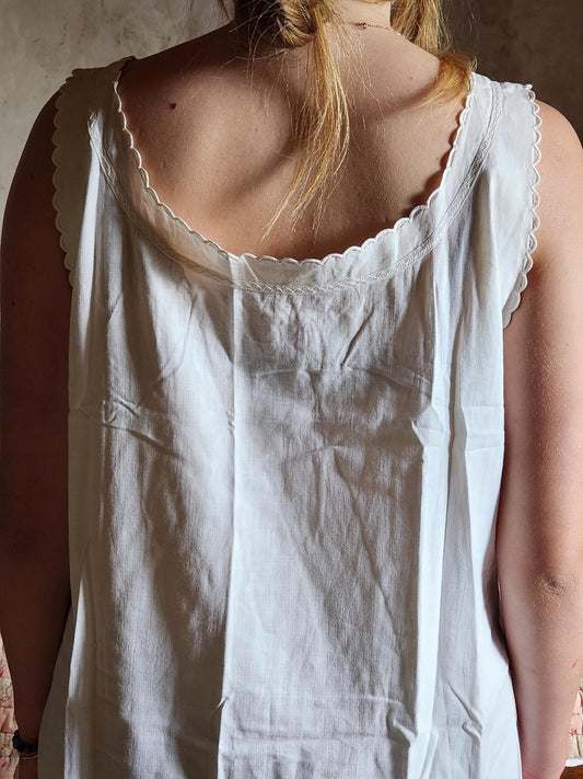 Antique French Cotton Nightgown Monogram RM: 1920s Sleeveless Summer Dress
