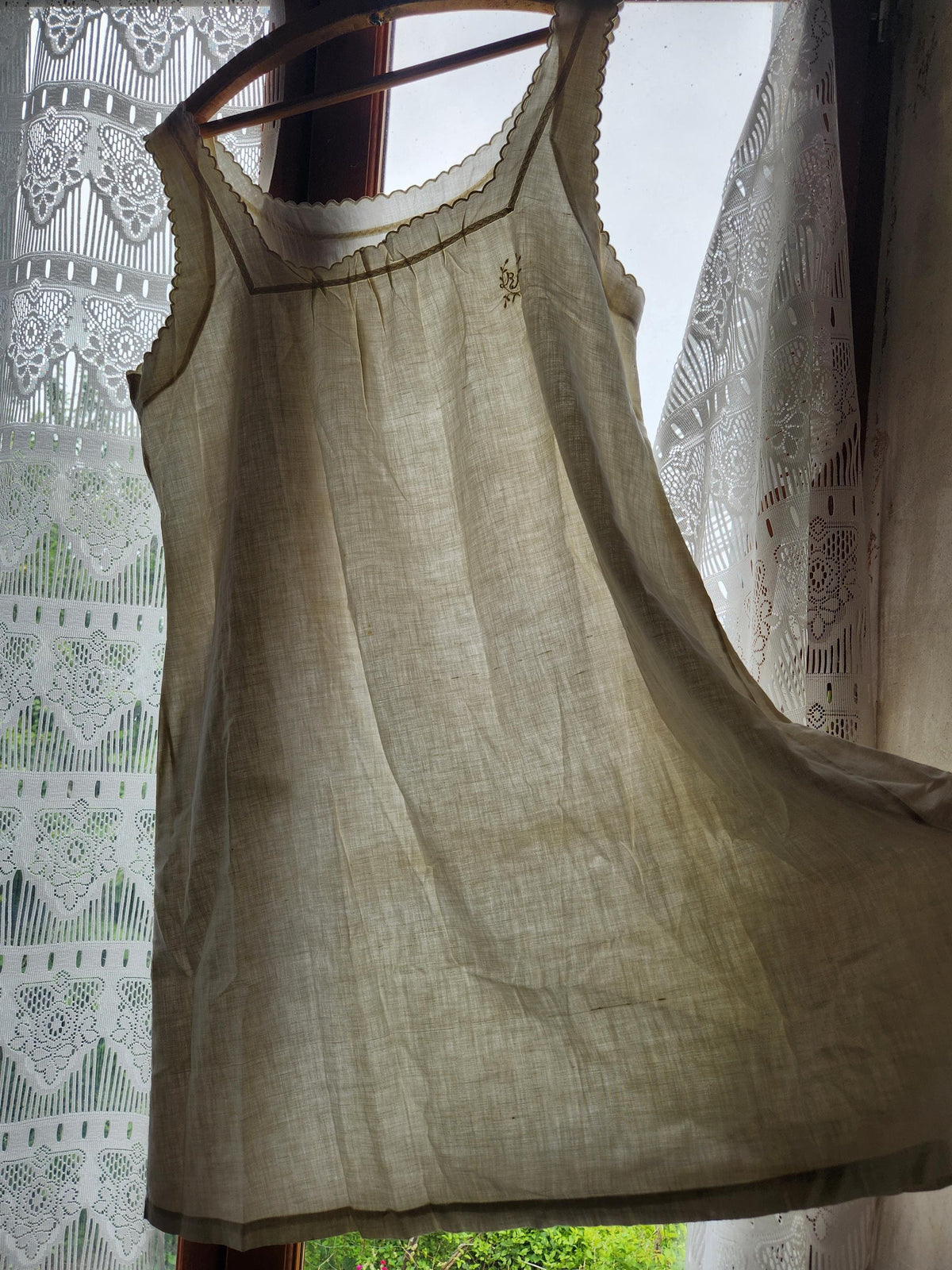 Antique French Cotton Nightgown Monogram RM: 1920s Sleeveless Summer Dress