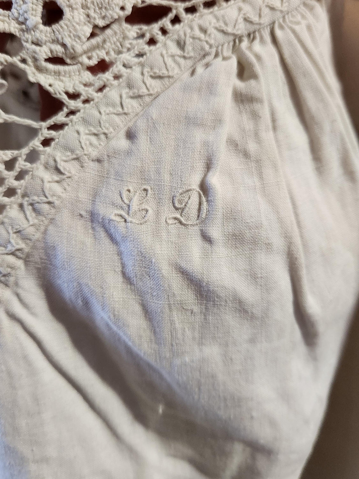Antique French Cotton Nightgown Monogrammed LD: Sleeveless Lace Summer Dress