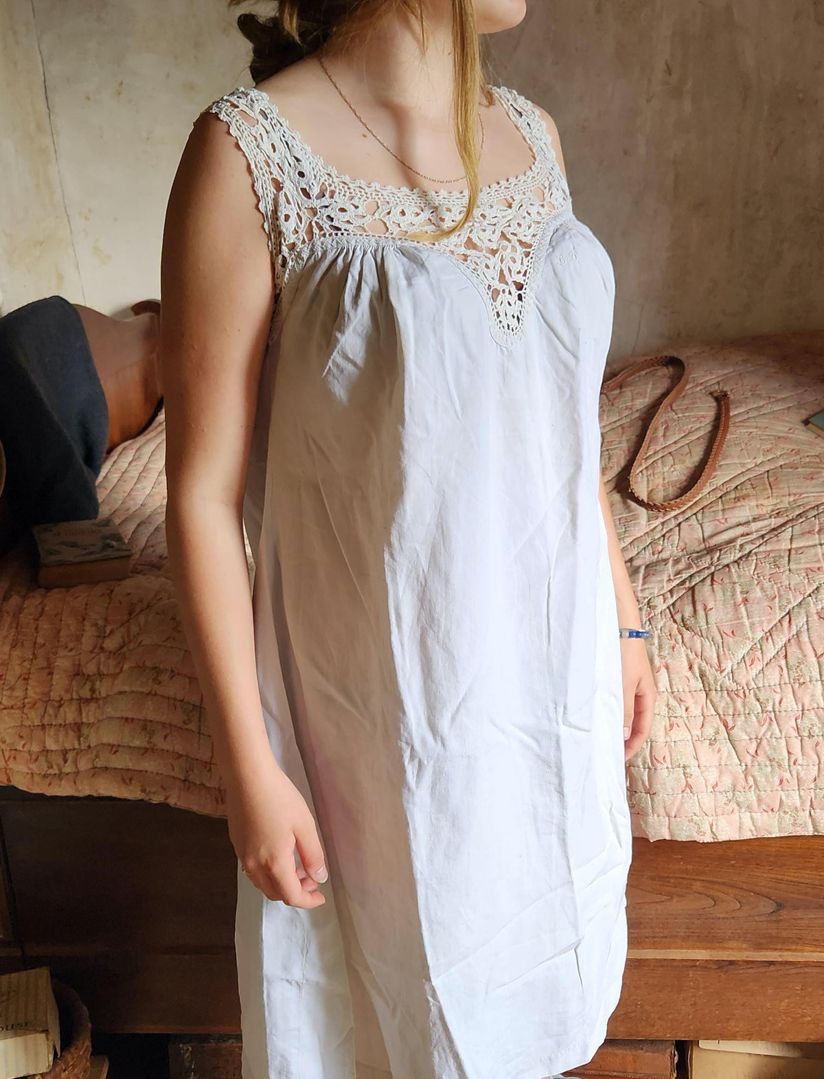 Antique French Cotton Nightgown Monogrammed LD: Sleeveless Lace Summer Dress